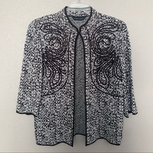 Ming Wang Textured Knit Open Front Jacket Cardigan Womens 3/4 Sleeve Paisley